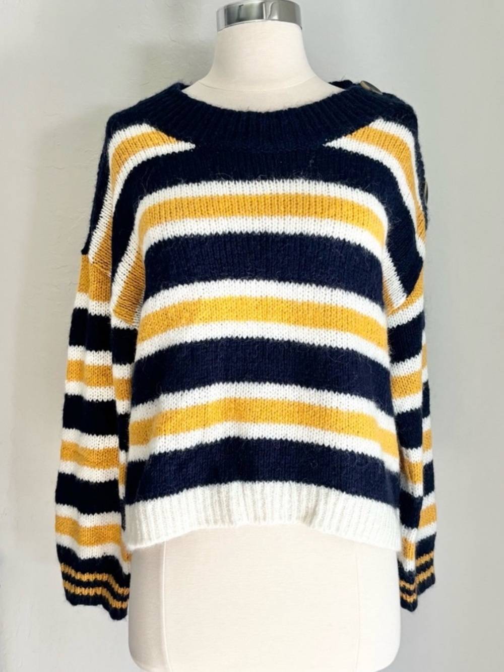 BP Fuzzy Wide Striped Button Shoulder Sweater, Yellow Blue White Wool blend, M